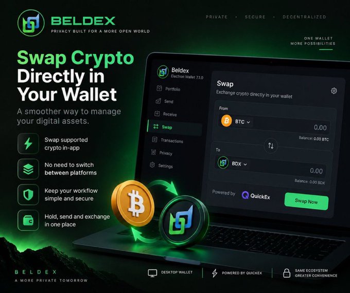 A promotional banner for Beldex cryptocurrency wallet featuring the text 'Swap Crypto Directly in Your Wallet' with a laptop displaying the wallet interface converting BTC to BDX.