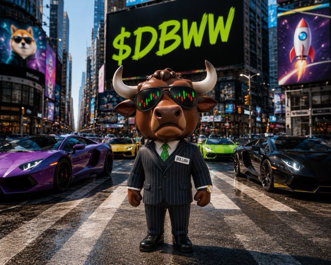 A digitally illustrated bull mascot wearing a pinstripe suit and green tie with sunglasses reflecting stock charts, standing on a Times Square-like street with luxury sports cars and a large billboard displaying "$DBWW".