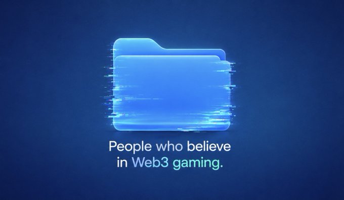 A blue folder icon with a glitch effect appears on a dark blue background, captioned 'People who believe in Web3 gaming.'