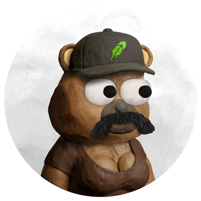 A 3D-rendered cartoon bear character wears a green cap with a logo and has a prominent black mustache.