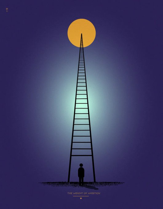 A minimalist illustration showing a silhouetted figure standing at the base of an impossibly tall ladder reaching toward a glowing orange moon/sun, captioned "THE WEIGHT OF AMBITION."