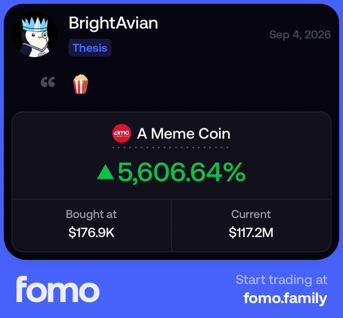 The image is a promotional graphic from fomo.family showcasing a trade attributed to user "BrightAvian" with the "Thesis" tag, dated Sep 4, 2026, highlighting a gain of 5,606.64% on "AMC A Meme Coin" purchased at $176.9K and currently valued at $117.2M. It aligns with the accompanying caption "Never stop dreaming!" and the referral code "BrightAvian," using the meme trade to promote the fomo.family trading platform.