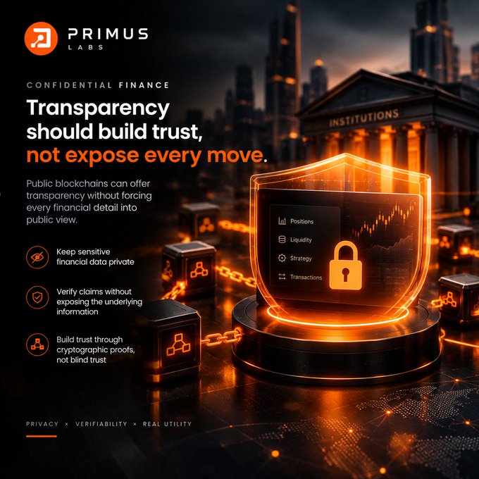 A Primus Labs promotional graphic about confidential finance reads “Transparency should build trust, not expose every move.” It describes keeping financial data private, verifying claims without exposing underlying information, and using cryptographic proofs, beside a glowing shield and padlock.