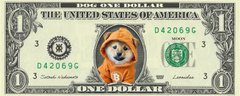 In this image, the dog depicted is wearing an orange hooded sweatshirt with a letter B in the center, which does correlate to the post stating "$ dog to $1." The designer of this edited dollar bill used a common design already made and used to print actual dollar bills by the United States Department of Treasury. It can be seen that the serial number on the bill is listed as D42069G.