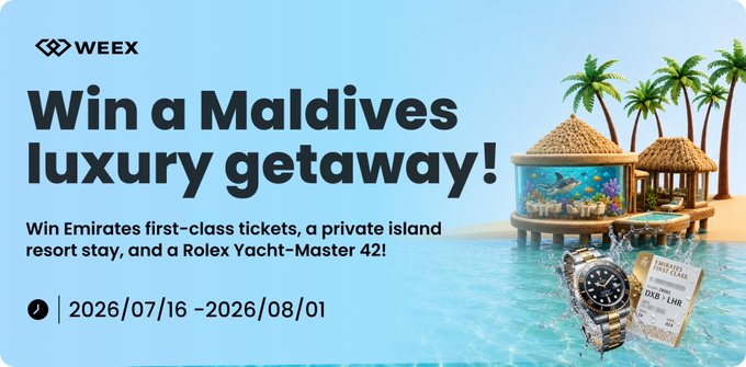 A promotional banner from WEEEX advertising a 'Maldives luxury getaway!' with first-class Emirates tickets, a private island resort stay, and a Rolex Yacht-Master 42, running from 2026/07/16 to 2026/08/01.
