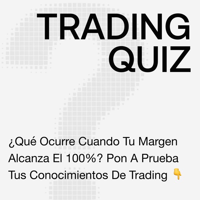 A 'TRADING QUIZ' graphic with a dotted question mark background and Spanish text asking '¿Qué Ocurre Cuando Tu Margen Alcanza El 100%? Pon A Prueba Tus Conocimientos De Trading' with a downward pointing finger emoji.