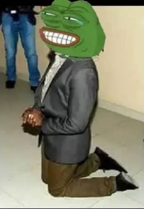 A low-quality meme showing a person in a suit kneeling on the floor with the green 'Dat Boi' Pepe frog face edited over their head.