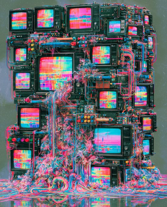 A vibrant, chaotic digital art piece depicting a massive tower of stacked vintage CRT televisions displaying colorful static and glitch patterns, interconnected with pink, blue, and yellow cables.