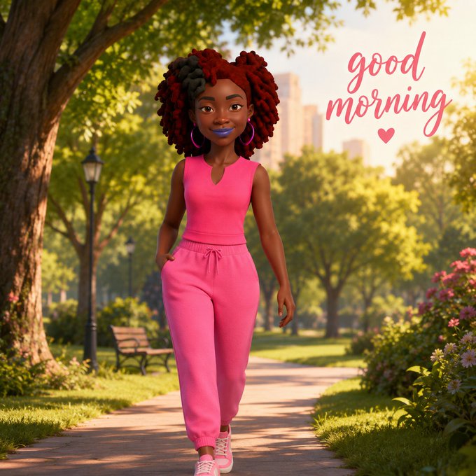 A stylized 3D animated character of a woman in a pink outfit walking through a sunny park, accompanied by the text "good morning" and a small heart icon. The bright, welcoming scene reflects the positive and empowering message of "simpler experience" and increased "confidence" mentioned in the post.