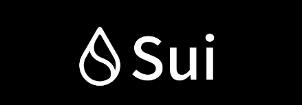 The logo for the Sui cryptocurrency, featuring a stylized white drop icon next to the word 'Sui' on a solid black background.