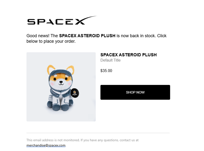 A SpaceX promotional email announcing the return of the SPACEX ASTEROID PLUSH, a Shiba Inu plush toy in a spacesuit, priced at $35.00.