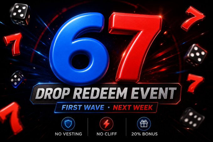 A promotional graphic for a '67 DROP REDEEM EVENT' featuring large 3D blue and red numbers, with text reading 'FIRST WAVE • NEXT WEEK', 'NO VESTING', 'NO CLIFF', and '20% BONUS'.