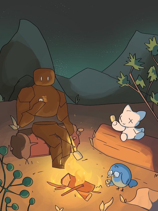 A cartoon illustration shows a large brown golem-like figure sitting by a campfire roasting marshmallows, accompanied by a white cat-like character on a log and a small blue bird, set against a starry night sky with mountains.