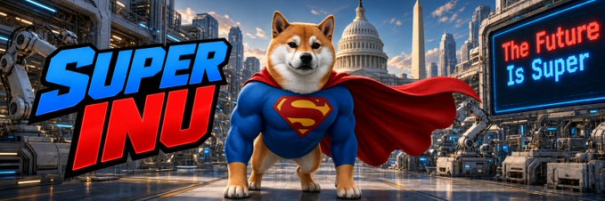 A Shiba Inu dog dressed as Superman stands confidently in a futuristic cityscape with the U.S. Capitol building in the background, alongside bold "SUPER INU" lettering and a digital sign reading "The Future Is Super," visually reinforcing the bullish "$SI to $100B" aspiration in the post.