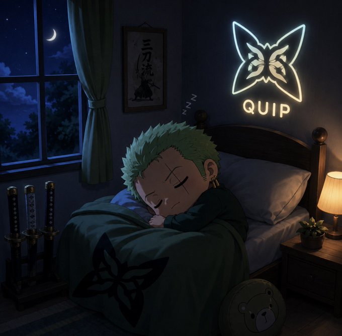 The image features a cartoon character sleeping peacefully in bed with a butterfly design above them. The caption of the image reads "Gn dear Ct I hope @quipnetwork TGE soon, See you next day." This suggests that the artist is promoting an event or gathering related to Quip network and their cartoon characters.