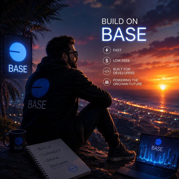 A silhouetted figure wearing a "BASE" branded hoodie sits contemplatively on a cliffside at sunset, gazing out over a glowing cityscape and ocean, with a laptop displaying the Base logo, a notebook reading "BUILD, CONNECT, GROW, ONCHAIN," and a Base-branded mug beside them. The image reinforces the post's message by visually capturing Base's focus on builders shipping faster and powering the onchain future, highlighted by the "BUILD ON BASE" tagline alongside key features: "FAST," "LOW FEES," "BUILT FOR DEVELOPERS," and "POWERING THE ONCHAIN FUTURE."