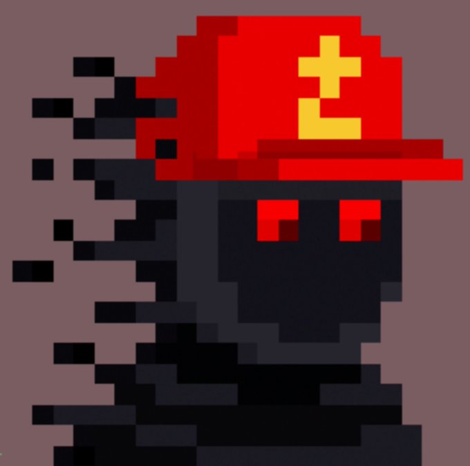 A pixel art illustration of a shadowy figure wearing a red cap with a yellow symbol, featuring glowing red eyes against a muted purple background.