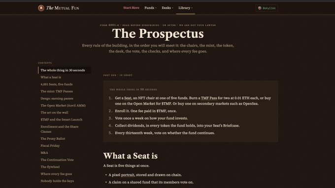 A dark-themed webpage titled 'The Prospectus' from The Mutual Fun, explaining a system involving 'Seats,' 'TMF Passes,' and 'Open Market' operations, with navigation links for Start Here, Funds, Desks, and Library.