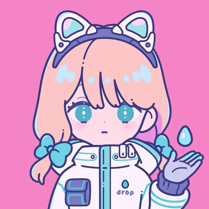 An anime-style illustration of a girl with teal eyes, wearing a white and blue jacket with 'drop' on it, cat-ear headphones, and teal hair accessories, holding out her hand against a pink background.
