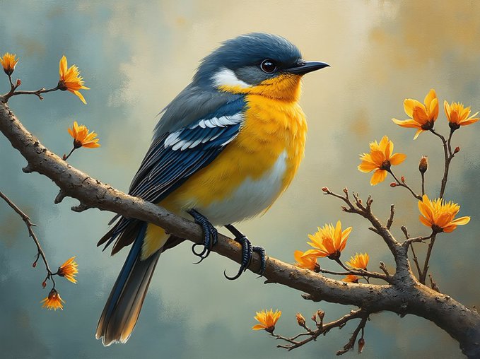 A detailed painting of a small yellow and blue songbird perched on a branch surrounded by delicate orange blossoms.
