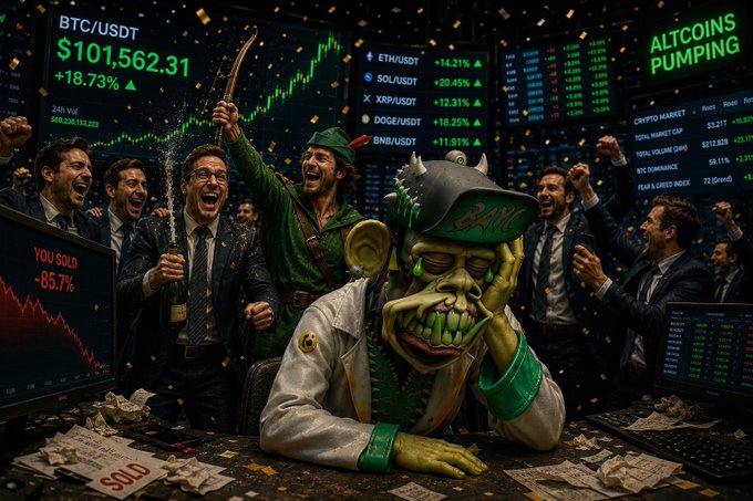 A chaotic cryptocurrency scene showing traders celebrating with a Robin Hood figure, surrounded by falling confetti and screens displaying "BTC/USDT $101,562.31 +18.73%", "ALTCOINS PUMPING", and "YOU SOLD -85.7%".