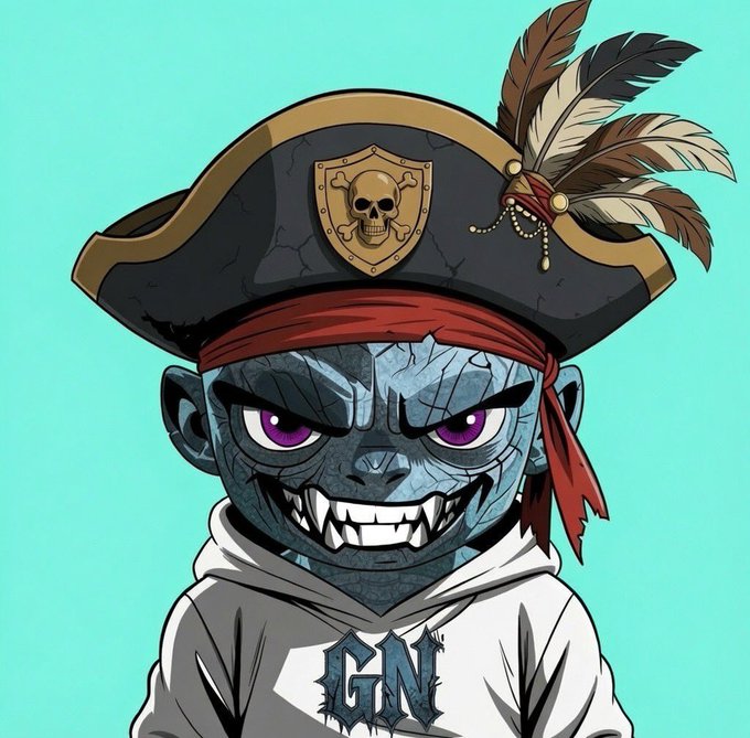 A cartoon-style illustration depicts a grey-skinned, fanged character with purple eyes wearing a pirate hat adorned with feathers and a skull emblem, along with a white hoodie featuring 'GN' lettering.