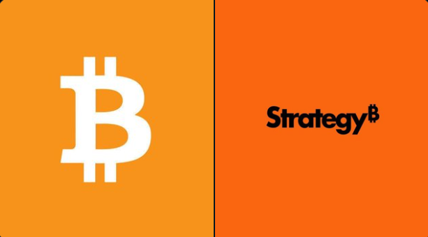 The image displays the Bitcoin logo on an orange background alongside the "Strategy" branding (formerly MicroStrategy), visually representing the company's significant Bitcoin holdings. This relates to the post about Strategy selling 3,888 BTC as Bitcoin's realized profit and loss ratio hits a 43-month low of -0.35, a metric often signaling a market bottom.