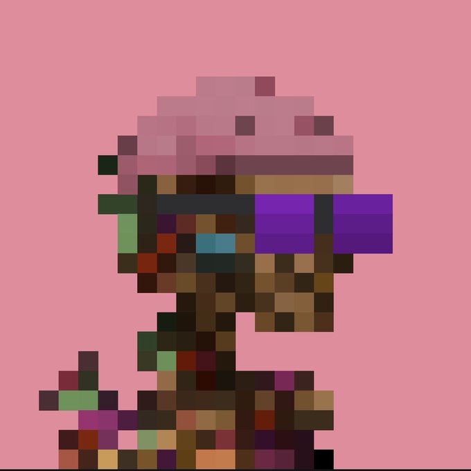 A pixel art portrait of a character with a pink hat and purple sunglasses on a pink background, viewed in profile.