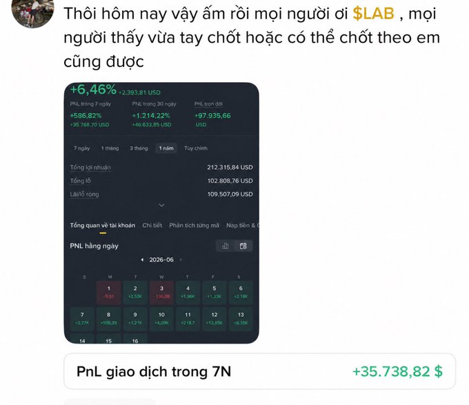 The image shows a message from someone named "Thi Hoa Nam" who has posted about their experience with a trading account for 7 days. They have made orders worth over 98k$, and they are still interested in investing more money into the account, as indicated by the phrase "close when it feels right." The post is written in a casual tone, which might be considered as "casual" or "amateurish," but it's clear that the person has some level of success with their trading activities.