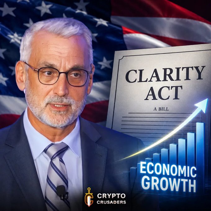 An AI-generated image of an older man in a suit and glasses standing before an American flag, beside a document titled 'CLARITY ACT' with an 'ECONOMIC GROWTH' graphic and a 'CRYPTO CRUSADERS' logo at the bottom.