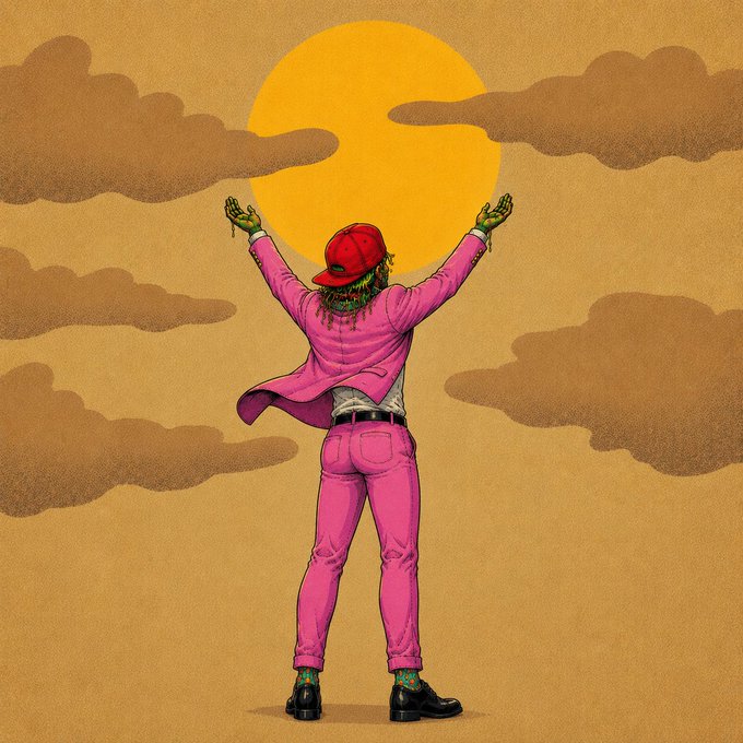 A stylized illustration of a figure in a bright pink outfit and red cap viewed from behind, arms raised toward a yellow sun and brown clouds.
