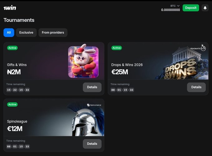 A screenshot of a '1win' casino website showing a 'Tournaments' page with active events including 'Gifts & Wins' (₦2M), 'Drops & Wins 2026' (€25M), and 'Spinoleague' (€12M).