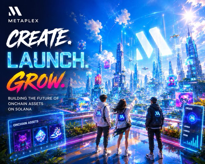 The image features a group of people standing together, with three individuals prominently visible in the foreground. They are all wearing backpacks and appear to be engaged in an activity related to cryptocurrency or blockchain technology. The background of the image showcases a futuristic cityscape filled with buildings that have neon lights, giving it a vibrant and dynamic appearance. The text "Creative. Launch. Grow." is displayed at the top of the image, emphasizing the theme of creating and growing within this digital environment.