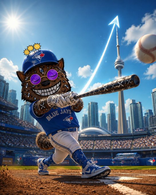 The image features a cartoon character dressed as a baseball player swinging a bat at a ball. The character has blue eyes and a big smile while holding the bat over his head. In the background, there are buildings that appear to be part of a city skyline, suggesting an urban setting for this scene. The caption reads "Good Morning $XRP Army! A special shoutout to the Fuzzy NFT Army, Crypto Twitter, XRP Canada, XRP America, and every member of our global crypto family around the world".