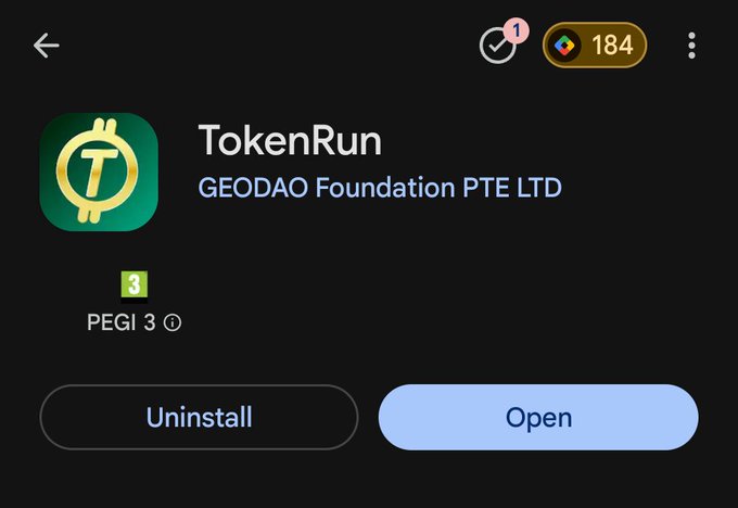A Google Play Store listing for the TokenRun app by GEODAO Foundation PTE LTD, showing a PEGI 3 rating and an "Open" button indicating the app is already installed. The image corresponds to the post announcing the availability of the GEODNET TokenRun app on Google Play, where users can enter the referral code "G9Z5VV" for free GeodNet tokens.