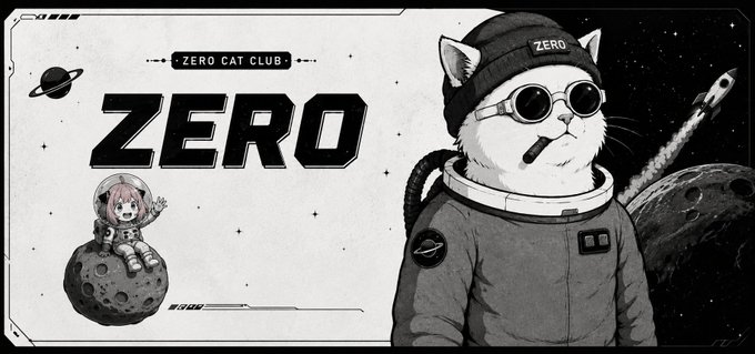 A black-and-white illustration shows a cat astronaut wearing a beanie labeled 'ZERO' and sunglasses beside the bold text 'ZERO' and 'ZERO CAT CLUB,' with a small astronaut figure on a moon in the background.