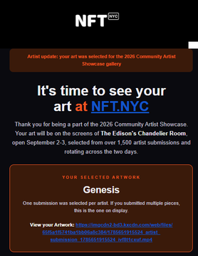 An NFT.NYC notification that the user's artwork 'Genesis' was selected for the 2026 Community Artist Showcase at The Edison's Chandelier Room.