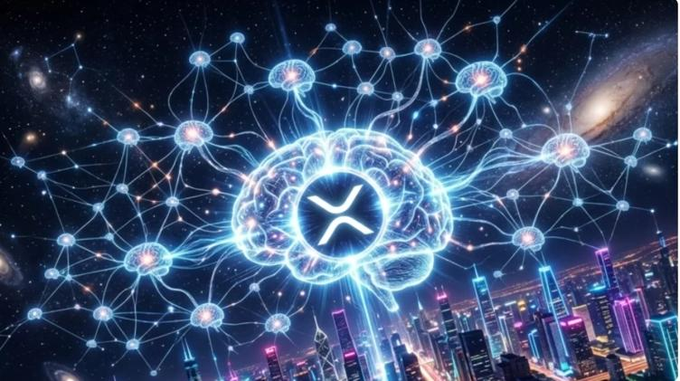 A glowing brain networked with interconnected nodes hovers above a neon city skyline at night, with the XRP logo prominently displayed at its center. The image visually reinforces the post's theme of a deeply interconnected, almost subconscious conviction in XRP—portraying the holder's belief as a vast neural network fueling their fear of selling and commitment to holding through dips since 2019.