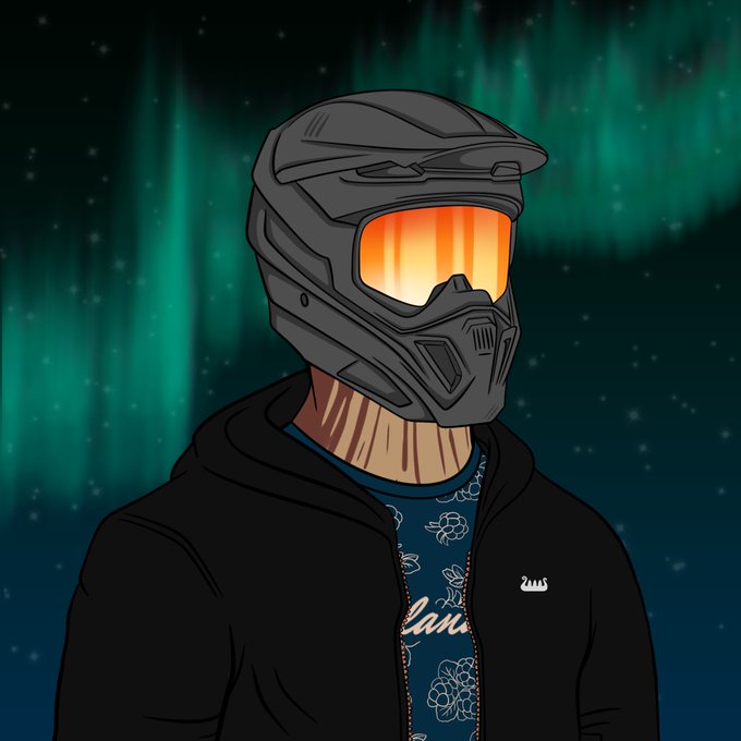 A digital illustration of a figure wearing a futuristic gray motorcycle helmet with a glowing orange visor, a black hoodie, and a patterned blue shirt, set against a backdrop of green aurora borealis and stars.