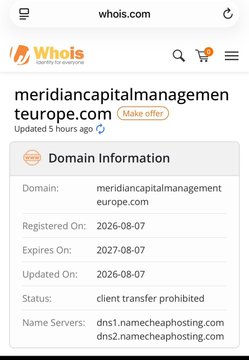 The image shows a Whois.com domain registration page for "meridiancapitalmanagementeurope.com," revealing it was registered today (2026-08-07) and expires in one year, corroborating the claim that the purported venture group backing @CarOnPolymarket did not exist before this announcement.