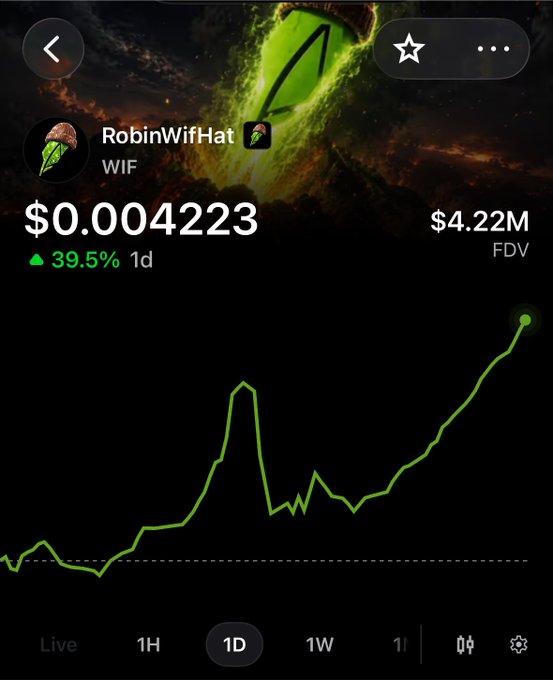 A cryptocurrency price chart for RobinWifHat (WIF) showing a current price of $0.004223 with a 39.5% increase over 1 day, a $4.22M FDV, and a green upward-trending line graph on a dark background.