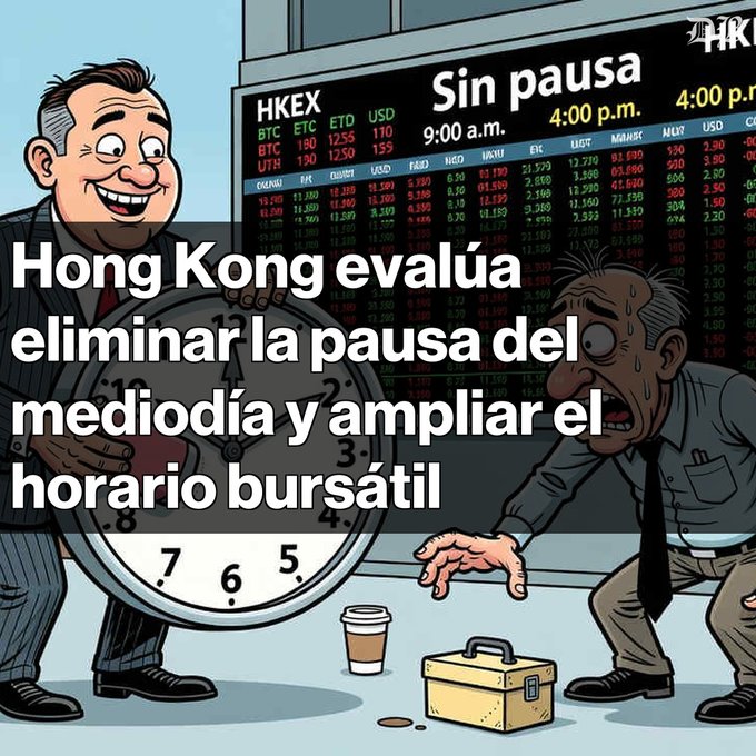 A cartoon illustration with Spanish text 'Hong Kong evalúa eliminar la pausa del mediodía y ampliar el horario bursátil', showing two businessmen and a stock exchange board labeled 'HKEX'.