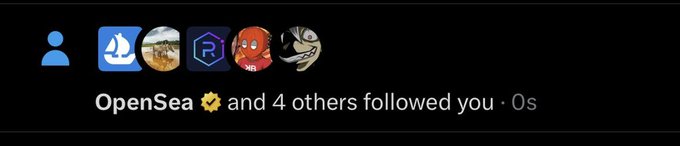 The image shows an Instagram notification stating "OpenSea ✅ and 4 others followed you · 0s," confirming that OpenSea (along with other accounts like Raydium) has just followed the user, supporting their post about gaining notable follows.