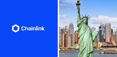 A split-screen graphic showing the 'Chainlink' logo and name on a solid blue background on the left, and a view of the Statue of Liberty with the Manhattan skyline on the right.