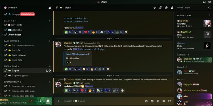 A screenshot of the Utopia messaging app shows channels like #eng-1, #ALERTS, #ACD SERVICE II, and #NFT ALPHA, with a conversation in the #alpha channel discussing NFTs and prediction markets.