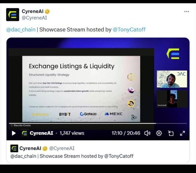 A CyreneAI Twitter/X post sharing a DAC Chain Showcase Stream hosted by TonyCatoff about Exchange Listings & Liquidity, showing 1,747 views.