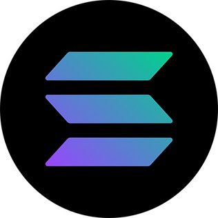 The Solana (SOL) cryptocurrency logo, featuring a stylized gradient design in teal, blue, and purple on a black circular background.