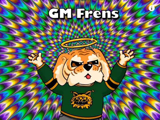 A cartoon dog character wearing a green sweatshirt with a halo and tiger logo stands with arms raised, labeled 'GM Frens' against a colorful psychedelic background.