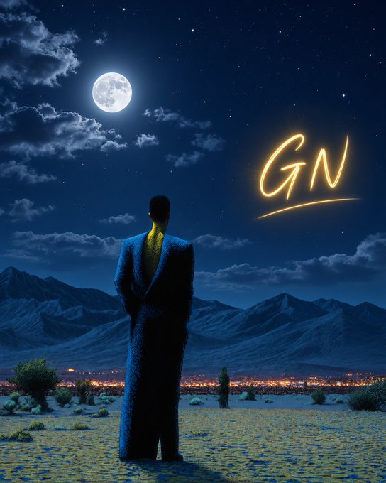 Stylized illustration of a man in a blue suit viewed from behind, standing in a desert landscape under a full moonlit sky, with glowing yellow 'GN' (good night) text and city lights visible in the distance.