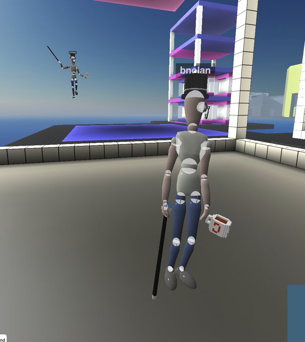 A screenshot from a virtual 3D environment showing a character named 'bnolɑn' holding a cane and a briefcase, with another avatar floating in the air nearby.